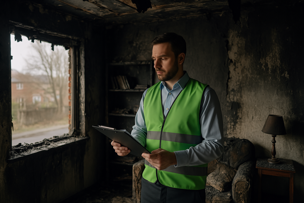 En mand der er ved at tage noter omkring en brandskade og indbo